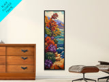 Autumn Cliff, Blossoms Ocean, Framed Canvas Print, fall coastal landscape art, mountainside floral decor, nature living room wall print