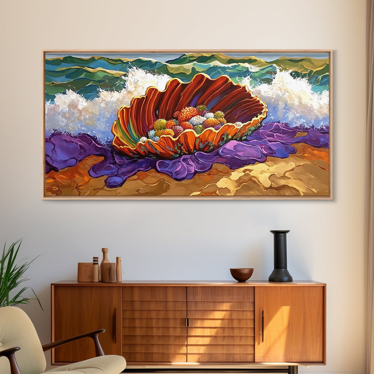 Shell Ocean, Jewel, Framed Canvas Print, Whimsical Ocean Shell Painting, Colorful Sea Treasure Wall Art, Nursery Decor