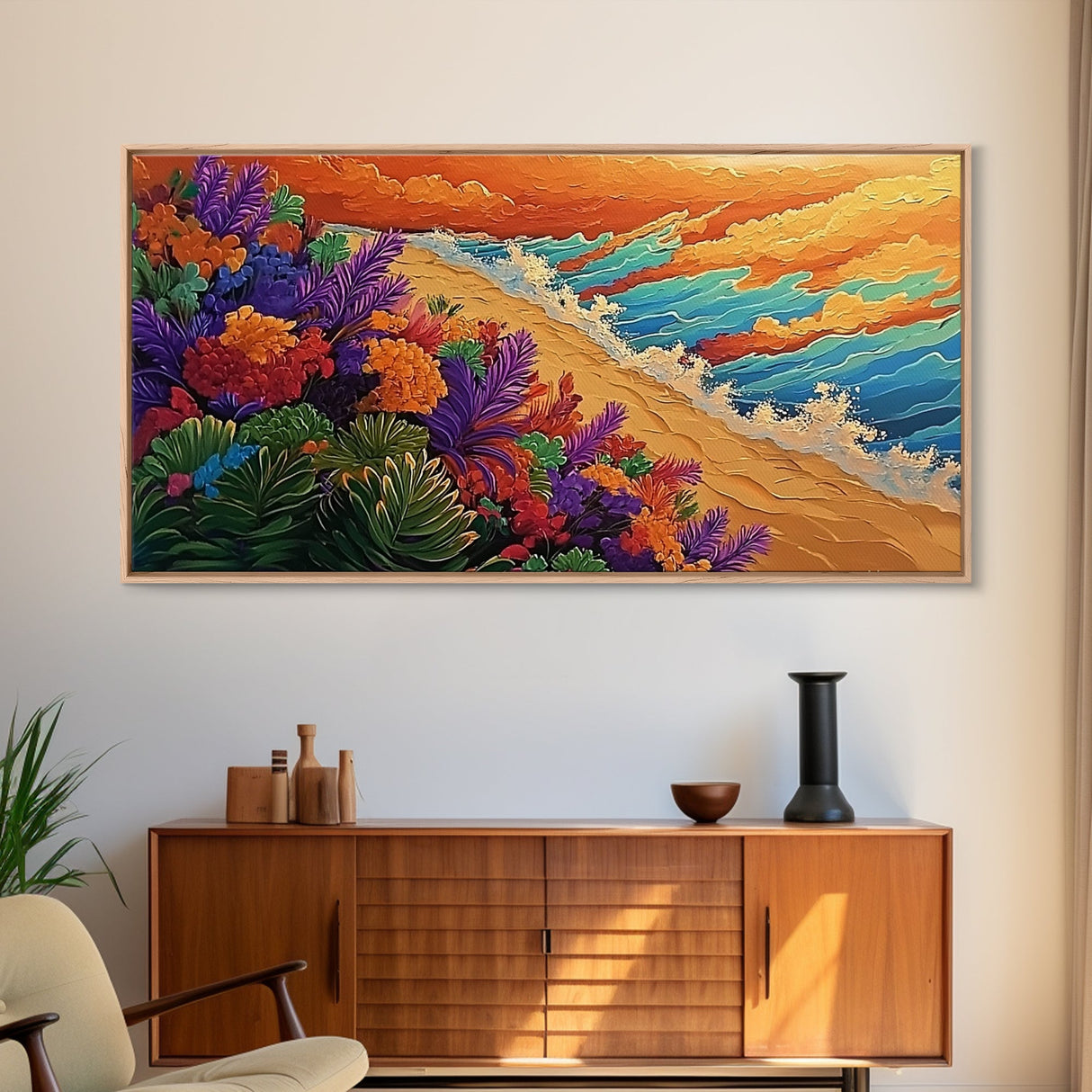 Beach Flowers, Sunset, Coastal Decor Canvas Print, Colorful Ocean Landscape, Tropical Boho Art, Living Room Beach Wall Art