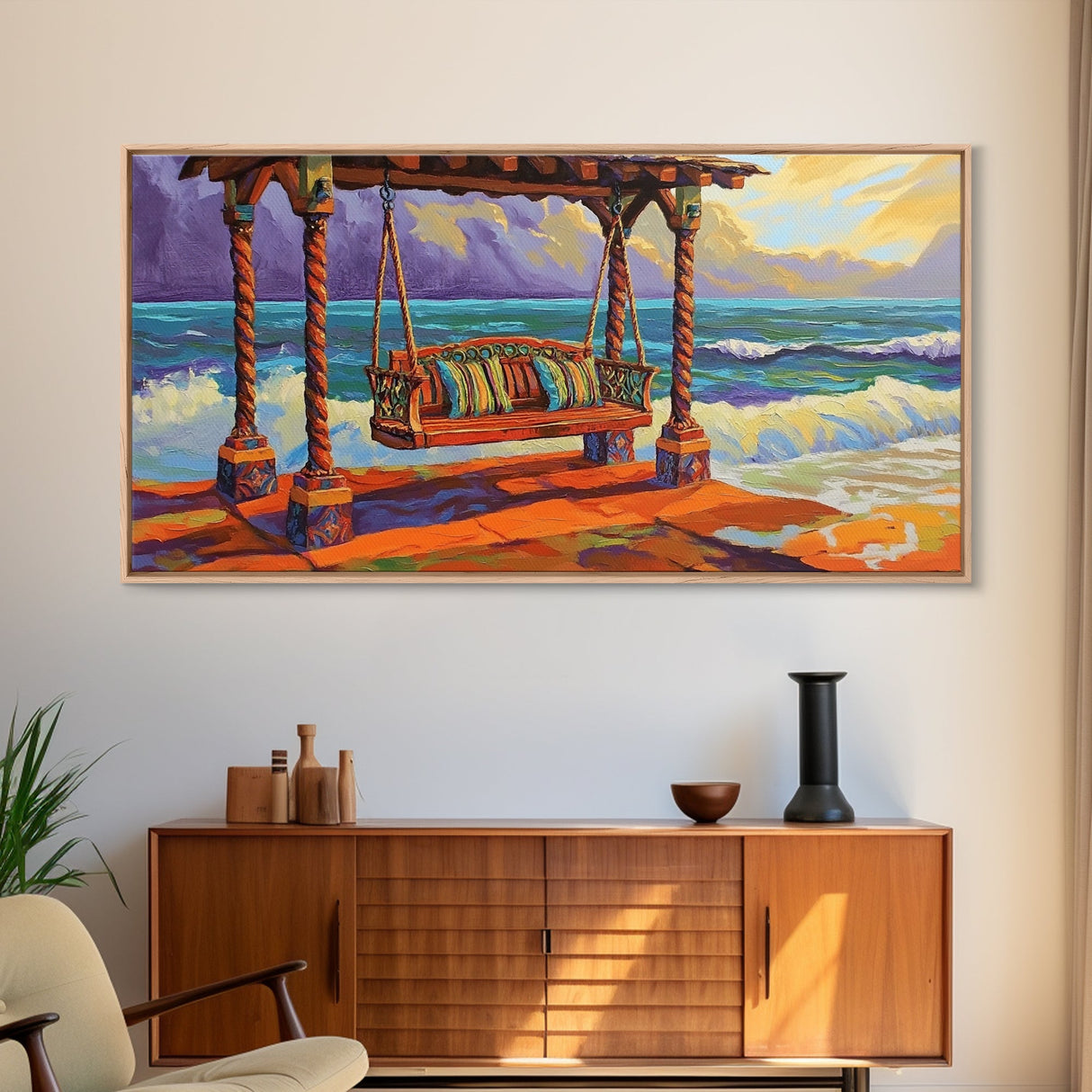 Swing Ocean, Sunset, Relaxing Coastal Art Canvas Print, Beach Swing Decor, Vibrant Seaside Living Room Wall Art, Boho Style