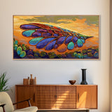 Wings Sunset, Nature, Abstract Boho Wall Art Framed Canvas Print, Colorful Dragonfly Wing Design, Living Room Focal Piece