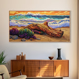 Coastal Driftwood, Waves, Sunset, Framed Canvas Print, ocean beach decor, colorful seascape, tropical wall art, living room wall art