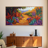 Autumn Pathway, Forest, Flowers, Framed Canvas Print fall landscape painting, nature wall art, rustic cabin decor, living room art