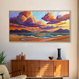 Colorful Sunset, Clouds, Mountains, Framed Canvas Print vibrant beach wall decor, sky and sea painting, boho art, coastal living room