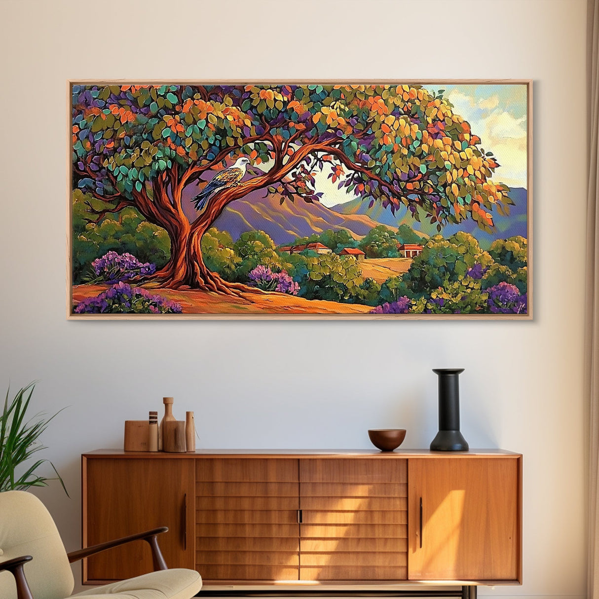 Tree Bird, Village, Sunset, Canvas Print autumn countryside art, peaceful nature wall painting, colorful landscape, farmhouse decor