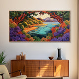 Colorful Coastal, Framed, Bright tropical coastal landscape view with water and foliage, Framed Canvas Print, living room wall art