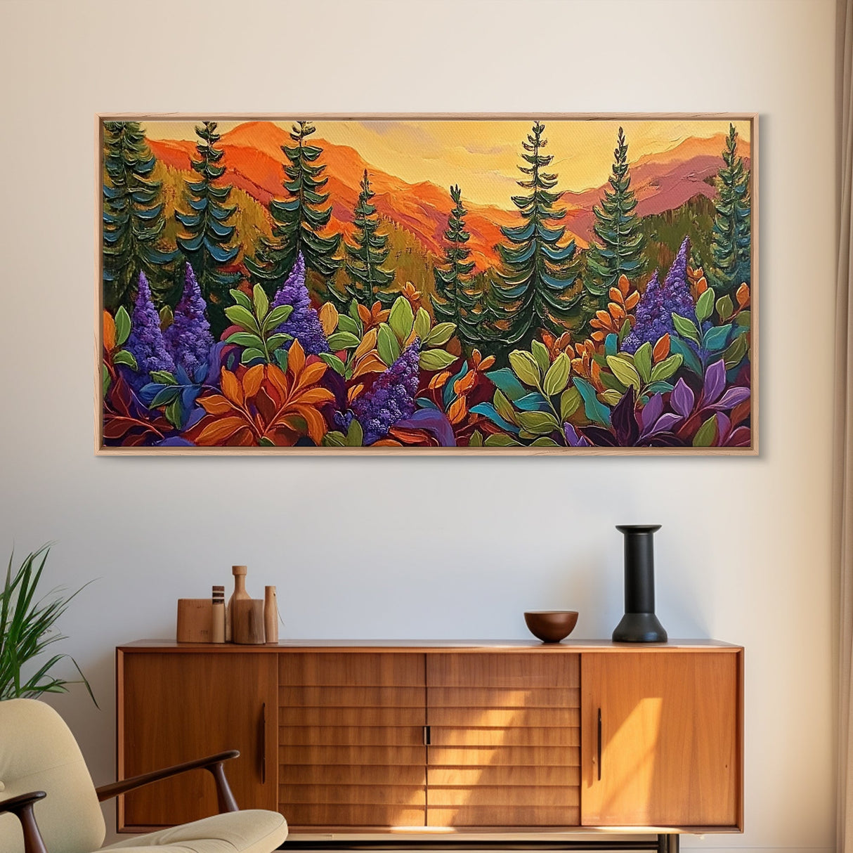 Fall Forest, Pines, Vibrant autumn forest painting with pine trees and colorful foliage, Canvas Print, Fall living room wall art