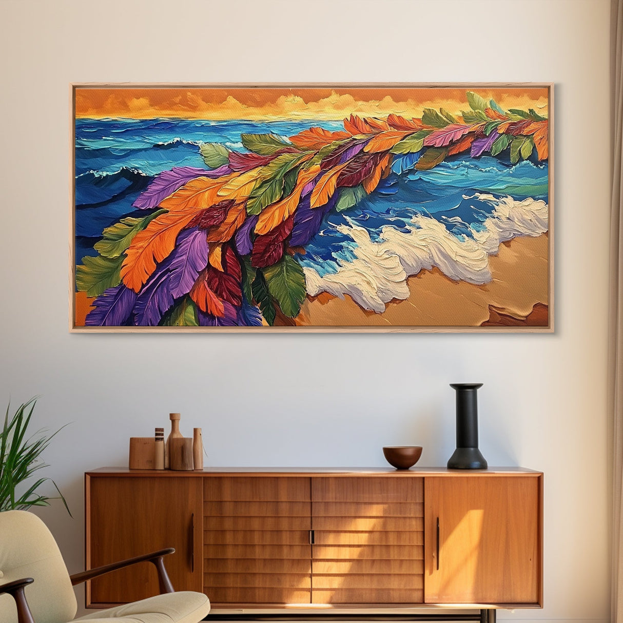 Feathers, Ocean, Sunset, Vibes, Framed Canvas Print, Bold beach decor, coastal boho wall art, tropical living room statement piece