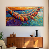 Hammock, Relax, Tropical, Sunset, Framed Canvas Print, Vibrant tropical vibes, beachy boho wall art, bedroom or sunroom decor