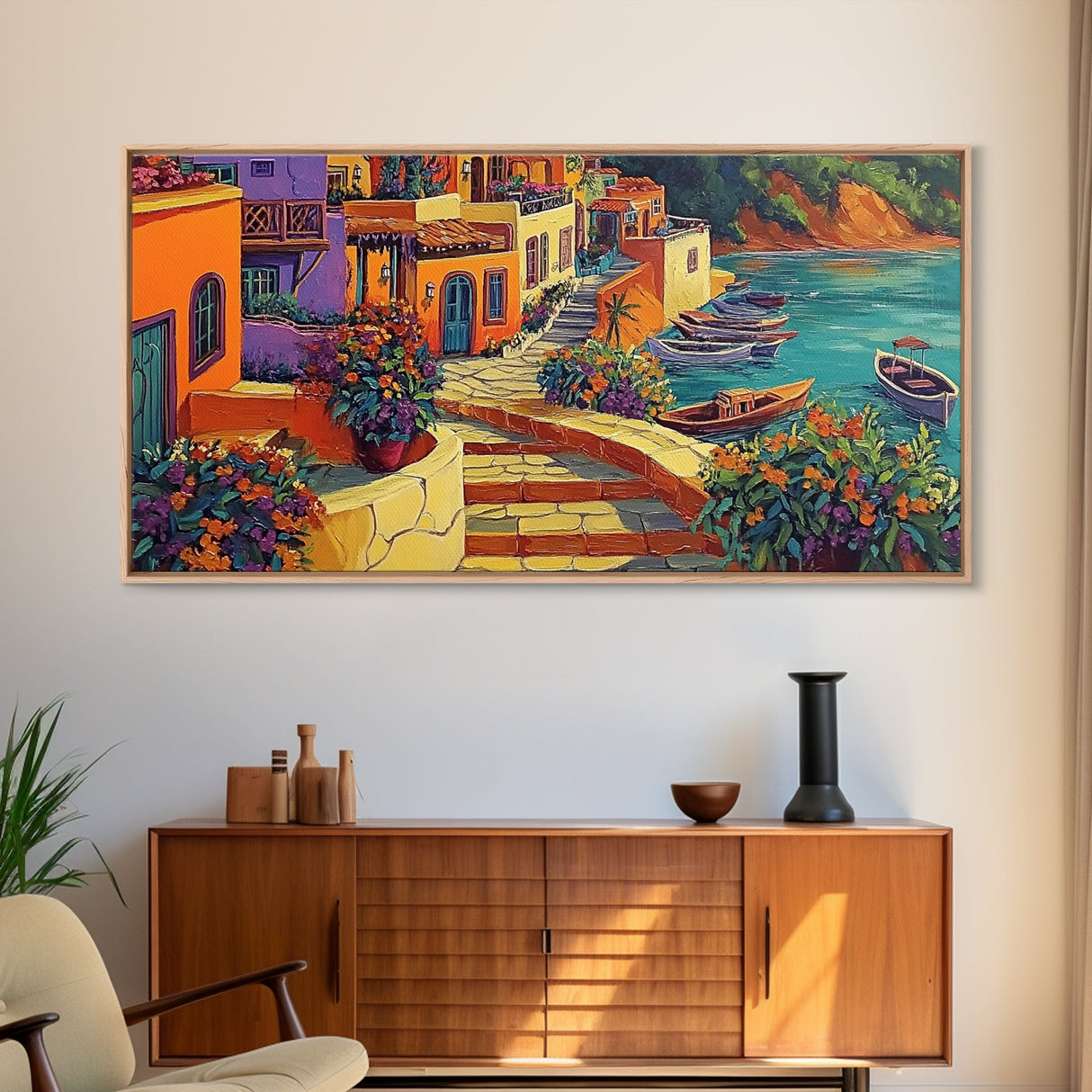 Village, Boats, Coastal, Pathway, Framed Canvas Print, Mediterranean street scene, colorful coastal home decor, kitchen wall art