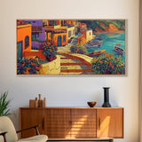 Village, Boats, Coastal, Pathway, Framed Canvas Print, Mediterranean street scene, colorful coastal home decor, kitchen wall art