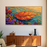 Leaf, Autumn, Floating, Nature, Framed Canvas Print, Fall themed leaf painting, cozy seasonal decor, rustic kitchen wall art