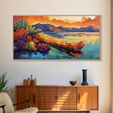 Driftwood, Water, Mountains, Nature, Framed Canvas Print, Scenic log lake art, cabin lodge vibes, peaceful living room wall decor