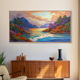 Ocean Sunset View, Vibrant Coastline, Mountain Landscape, Canvas Print, Living Room Wall Art, Colorful Seascape, Nature Painting