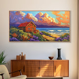 Cabin by Ocean, Colorful Beach Sunset, Cloudy Sky Art, Canvas Print, Autumn Wall Decor, Cozy Living Room Art, Rustic Coastal Scene