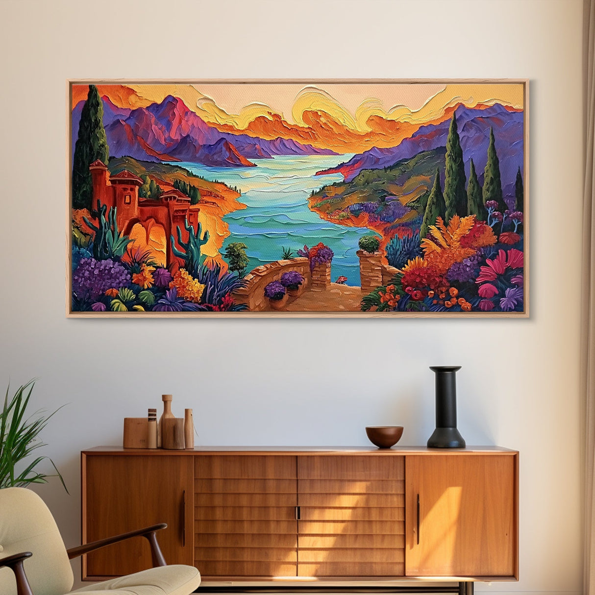 Fantasy Canyon View, Vibrant Mountain Art, Lakeside Sunset, Canvas Print, Mediterranean Decor, Dreamscape Wall Art, Nature Painting