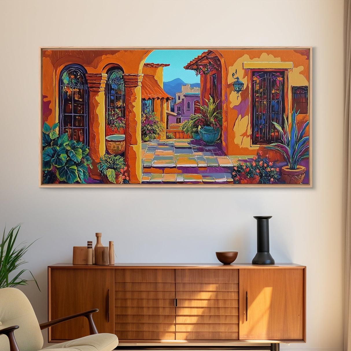 Spanish Courtyard, Colorful Villa Street, Southwest Patio Art, Framed Canvas Print, Mediterranean Home Decor, Rustic Wall Art