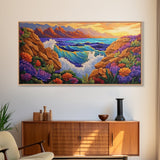 Ocean Cliff View, Crashing Waves Sunset, Bold Coastal Art, Framed Canvas Print, Nature Inspired Decor, Vibrant Seascape Painting