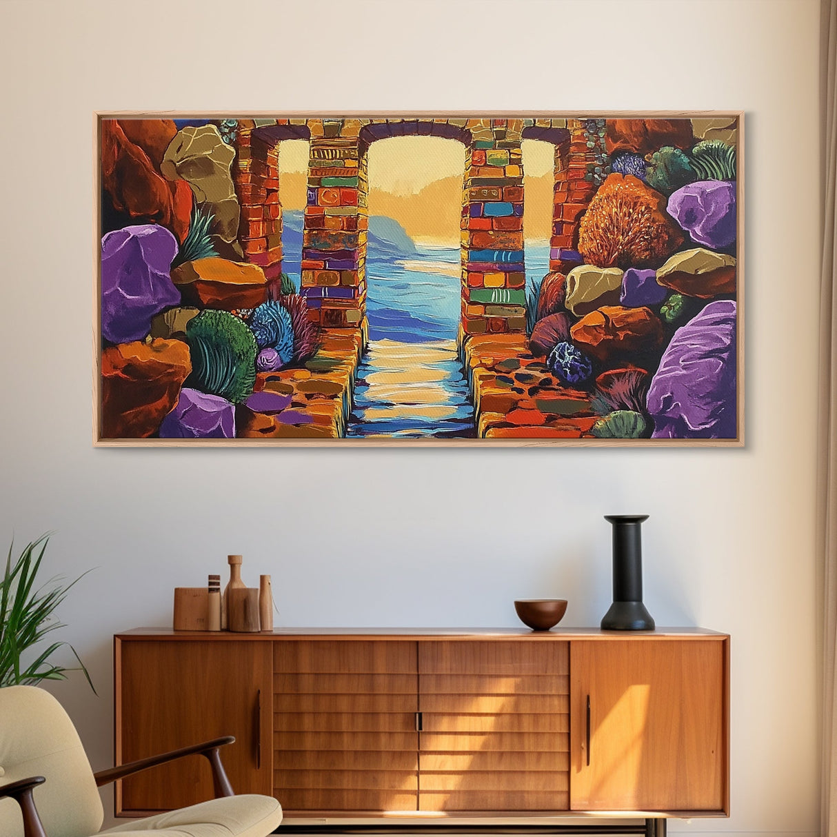 Ocean Doorway View, Colorful Stone Arch, Vibrant Seaside Escape, Canvas Print, Boho Coastal Wall Art, Mediterranean Dream Artwork