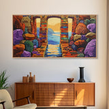 Ocean Doorway View, Colorful Stone Arch, Vibrant Seaside Escape, Canvas Print, Boho Coastal Wall Art, Mediterranean Dream Artwork