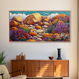 Coastal Garden, Rocks, Framed Canvas Print, Seaside nature landscape wall decor, Kitchen Wall Art, coastal art, vibrant summer vibe