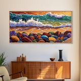Colorful Ocean, Stones, Framed Canvas Print, Sunset wave beach scene, Living Room Wall Art, coastal decor, boho landscape painting