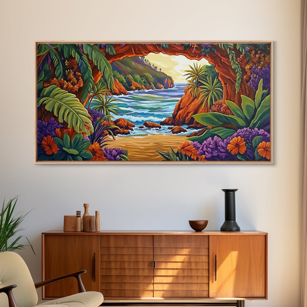 Tropical Archway, Ocean, Sunset, Framed Canvas Print, Coastal Decor, Tropical Wall Art, Landscape Painting, Living Room Artwork