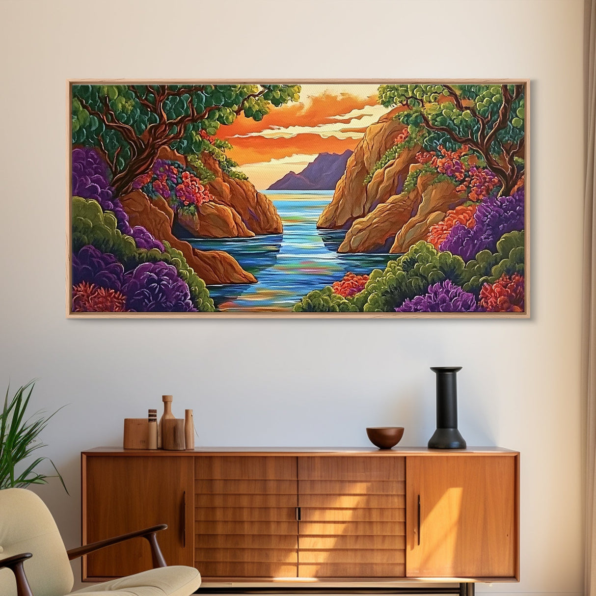 Sunset Bay, Trees, Tropical, Canvas Print, Nature Landscape Art, Colorful Wall Decor, Relaxing Home Vibes, Dining Room Accent