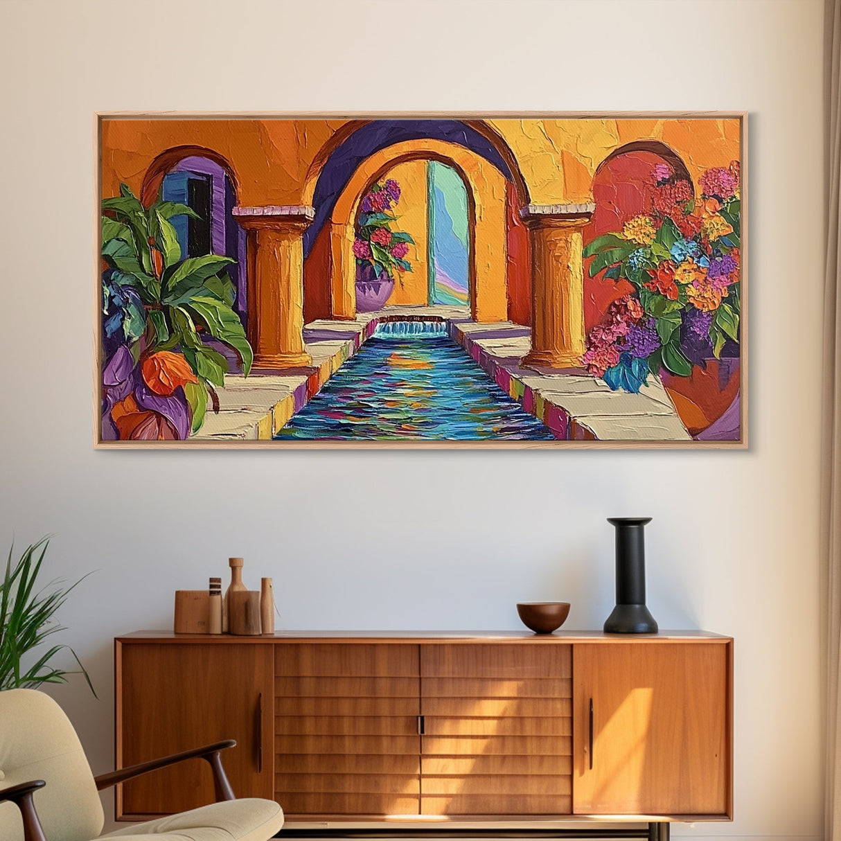 Courtyard Fountain, Colorful, Mediterranean, Framed Canvas Print, Spanish Style Art, Hallway Wall Decor, Bold Architecture Painting