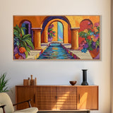 Courtyard Fountain, Colorful, Mediterranean, Framed Canvas Print, Spanish Style Art, Hallway Wall Decor, Bold Architecture Painting