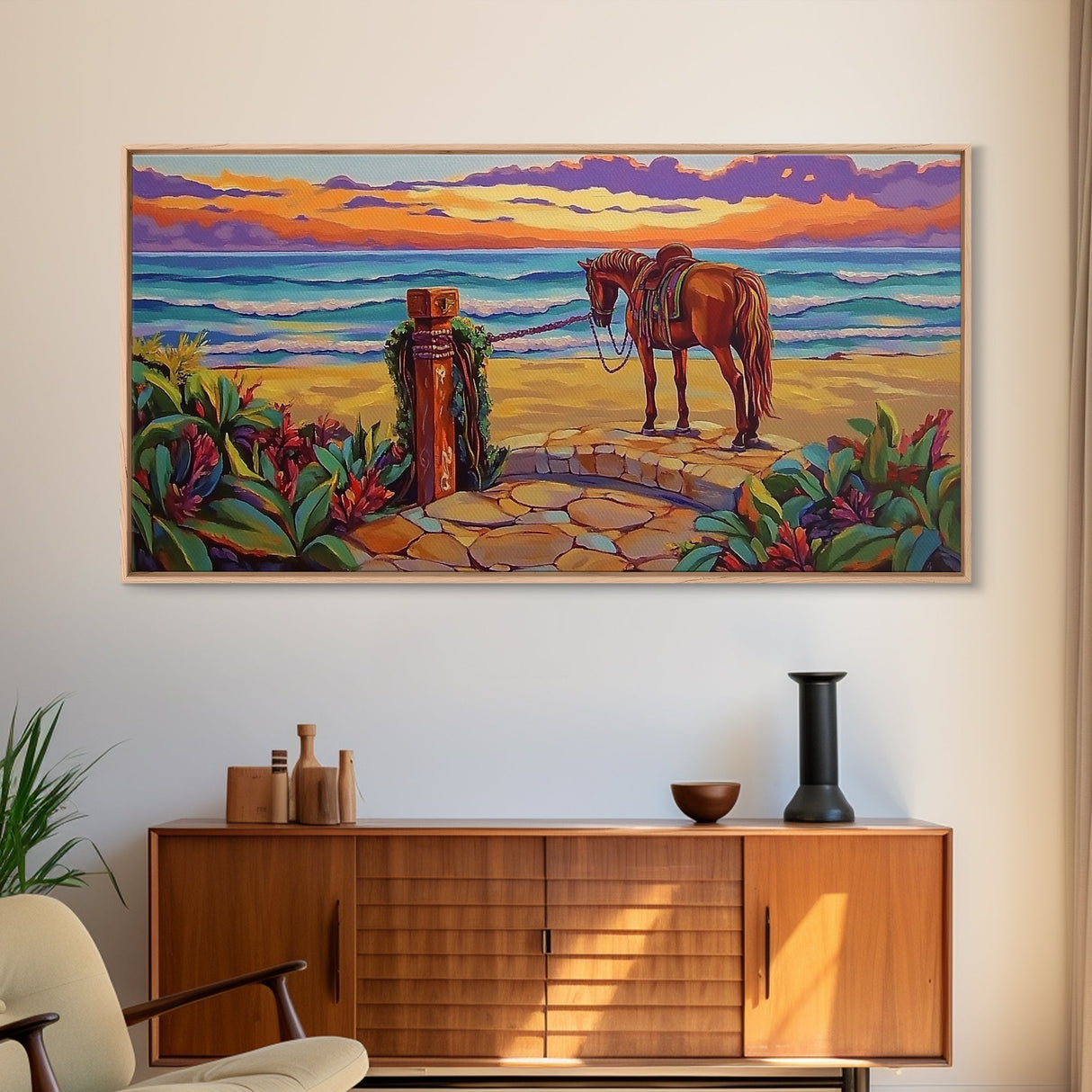 Horse Beach, Sunset, Western, Framed Canvas Print, Cowboy Art, Coastal Wall Decor, Rustic Boho Style, Entryway Statement Piece