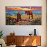 Horse Beach, Sunset, Western, Framed Canvas Print, Cowboy Art, Coastal Wall Decor, Rustic Boho Style, Entryway Statement Piece