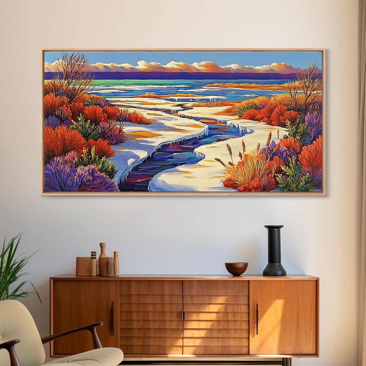 Winter River, Snow, Colorful, Framed Canvas Print, Winter Wonderland Art, Vibrant Seasonal Landscape, Cozy Cabin Wall Decor
