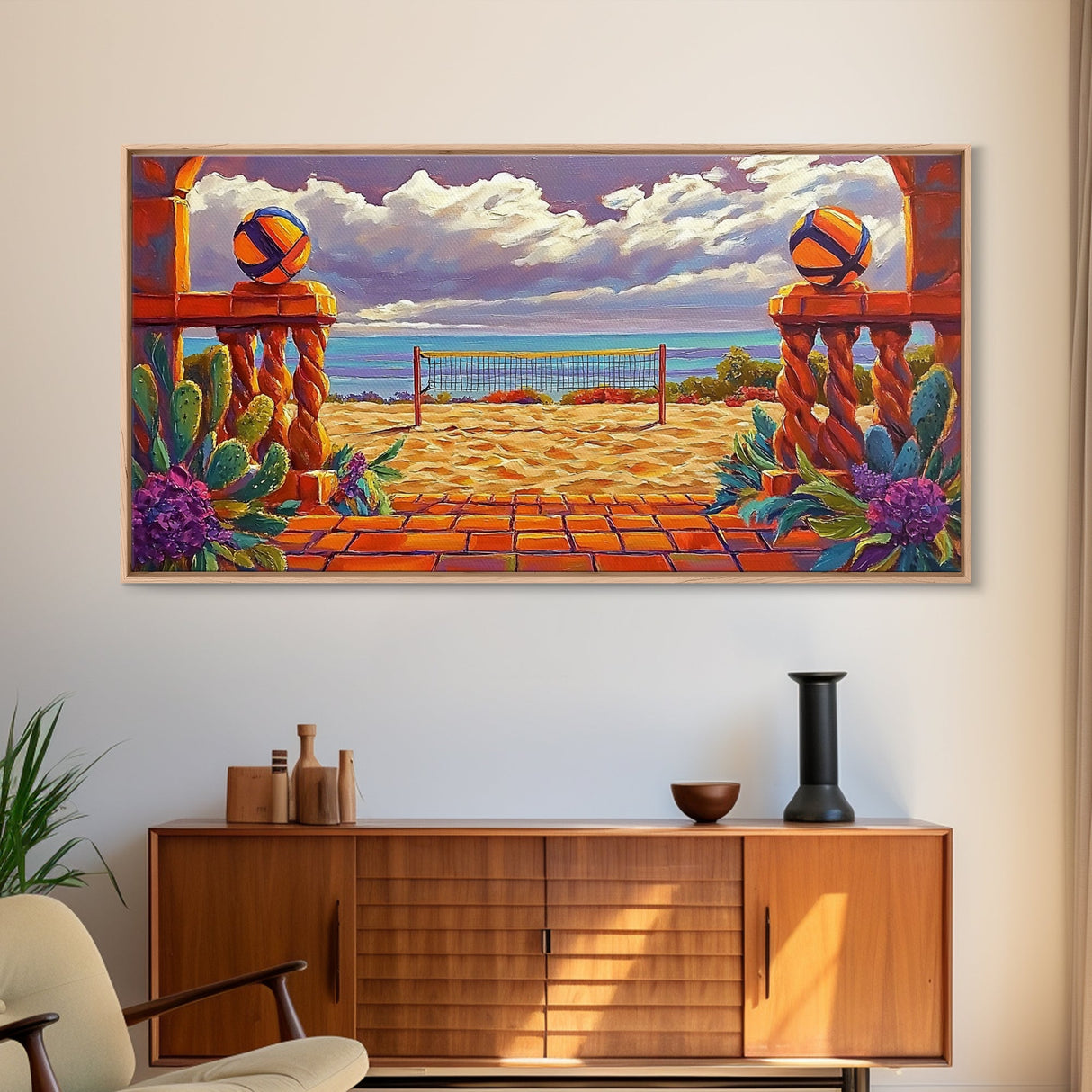 Volleyball Ocean, Sunset, Framed Canvas Print, Vibrant Beach Volleyball Scene, Sporty Coastal Wall Art, Game Room Decor
