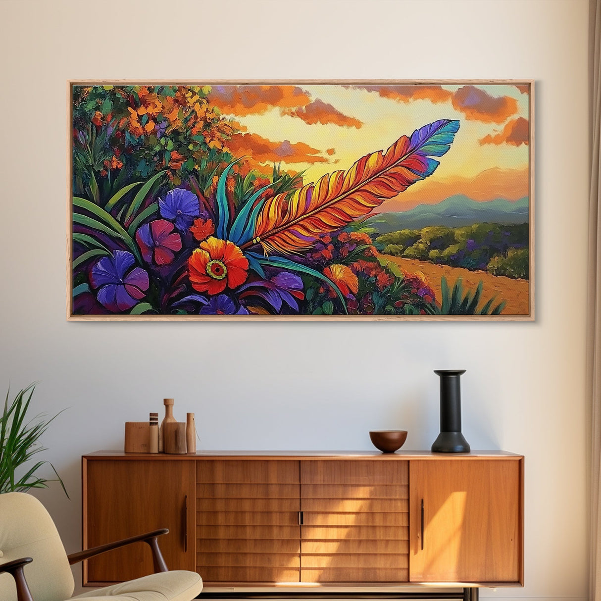 Feather Sunset, Flowers, Nature, Framed Canvas Print, Boho Feather Wall Art, Fall Home Decor, Living Room Autumn Art, Nature Painting