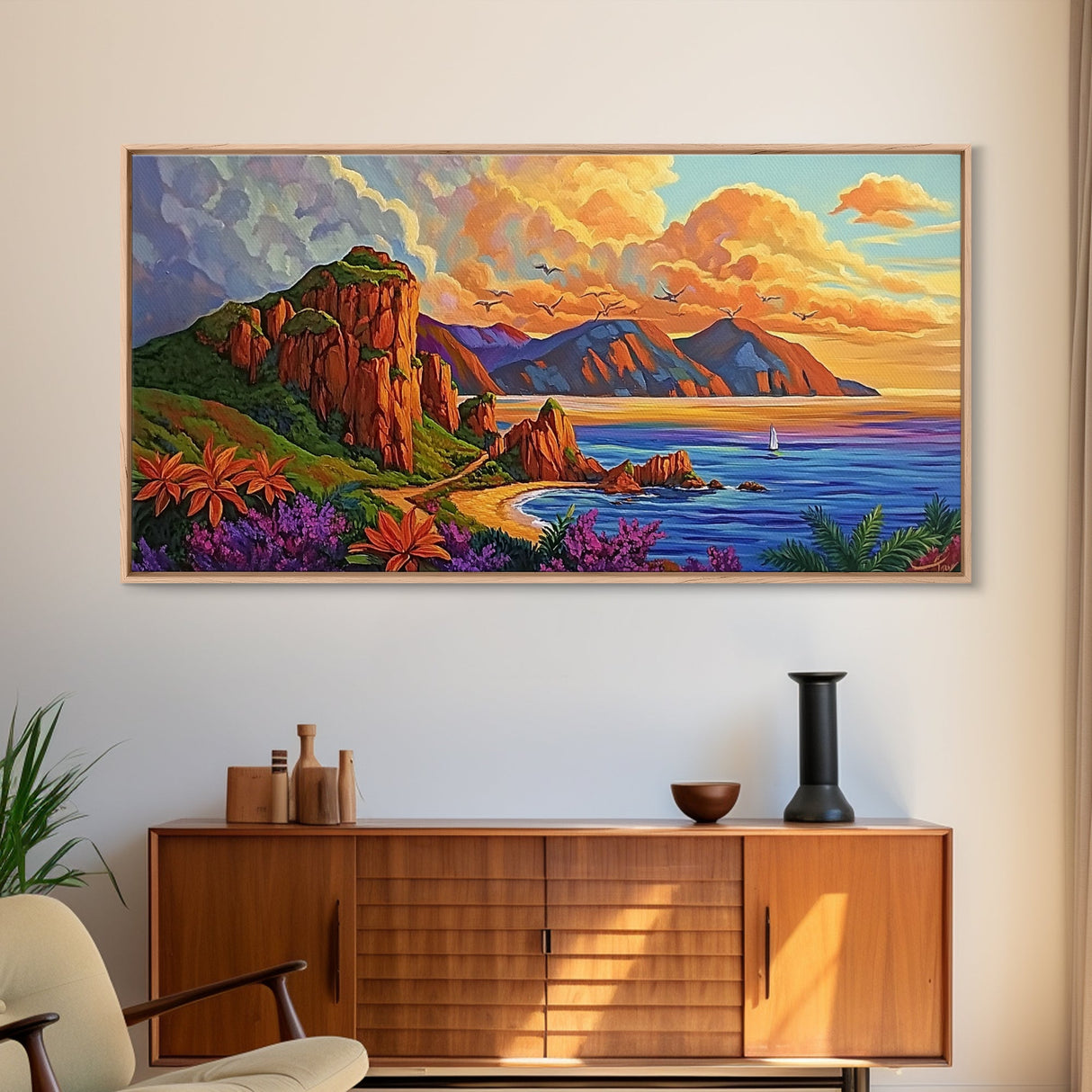 Coastline Mountains, Sunset, Landscape, Framed Canvas Print, Seascape Wall Art, Coastal Decor, Colorful Landscape, Living Room Beach Art