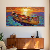 Canoe Sunset, Ocean, Solitude, Framed Canvas Print, Tranquil Beach Wall Art, Summer Decor, Nautical Painting, Living Room Accent