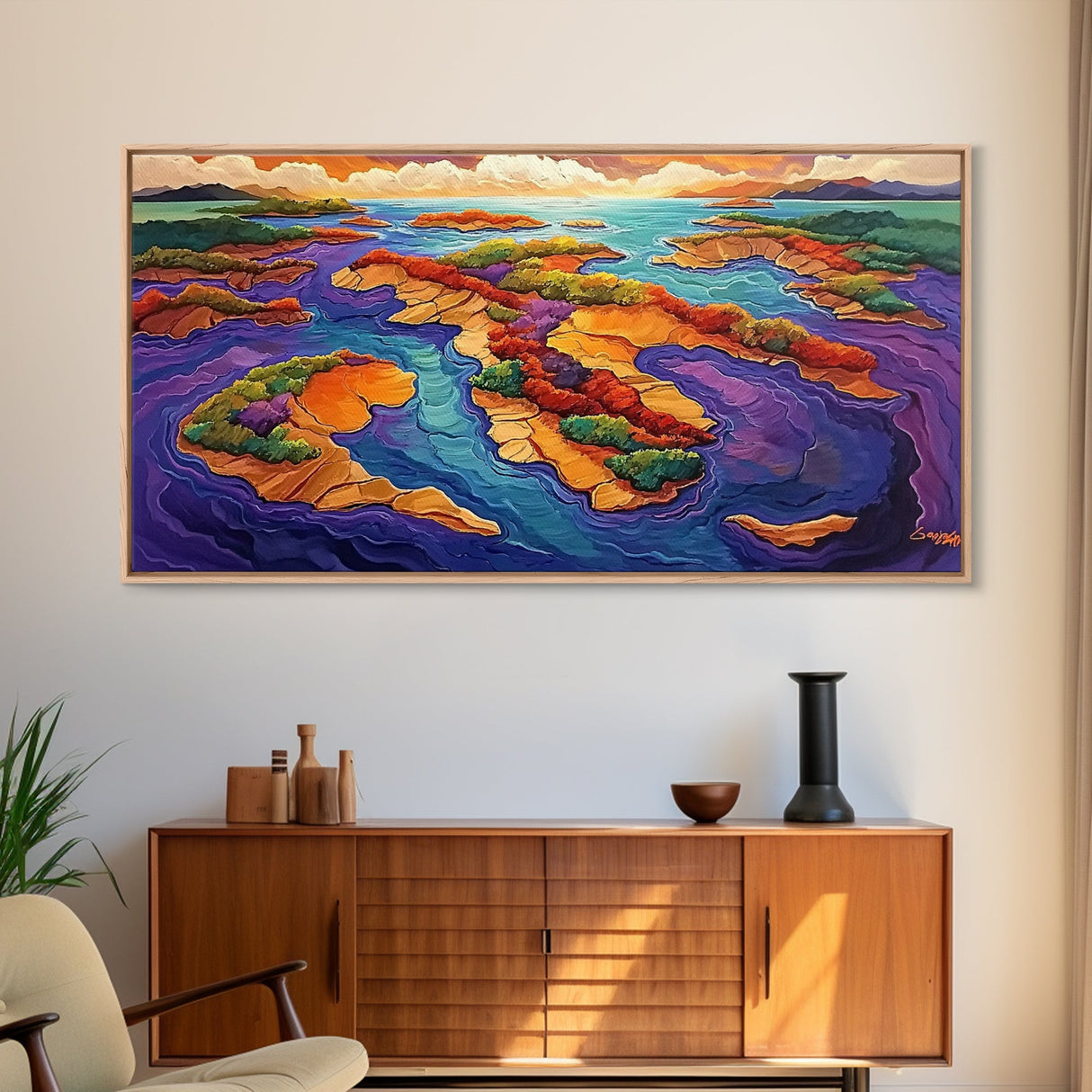 Sunset Island, Vibes, Tropical, Canvas Print, coastal landscape wall art, tropical home decor, beach house art, colorful ocean print