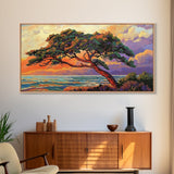 Tree Coast, Storm, Drama, Framed Canvas Print ocean pine tree artwork, landscape wall decor, moody nature art, living room accent
