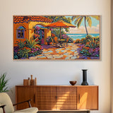 Patio Palm, Ocean, Framed Canvas Print, Tropical Patio Garden Scene, Warm Mediterranean Style Wall Decor,  Dining Room Art