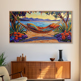Hammock Lake, Relax, Peace, Framed Canvas Print tropical lakeside retreat artwork, relaxing boho bedroom art, beachy summer decor