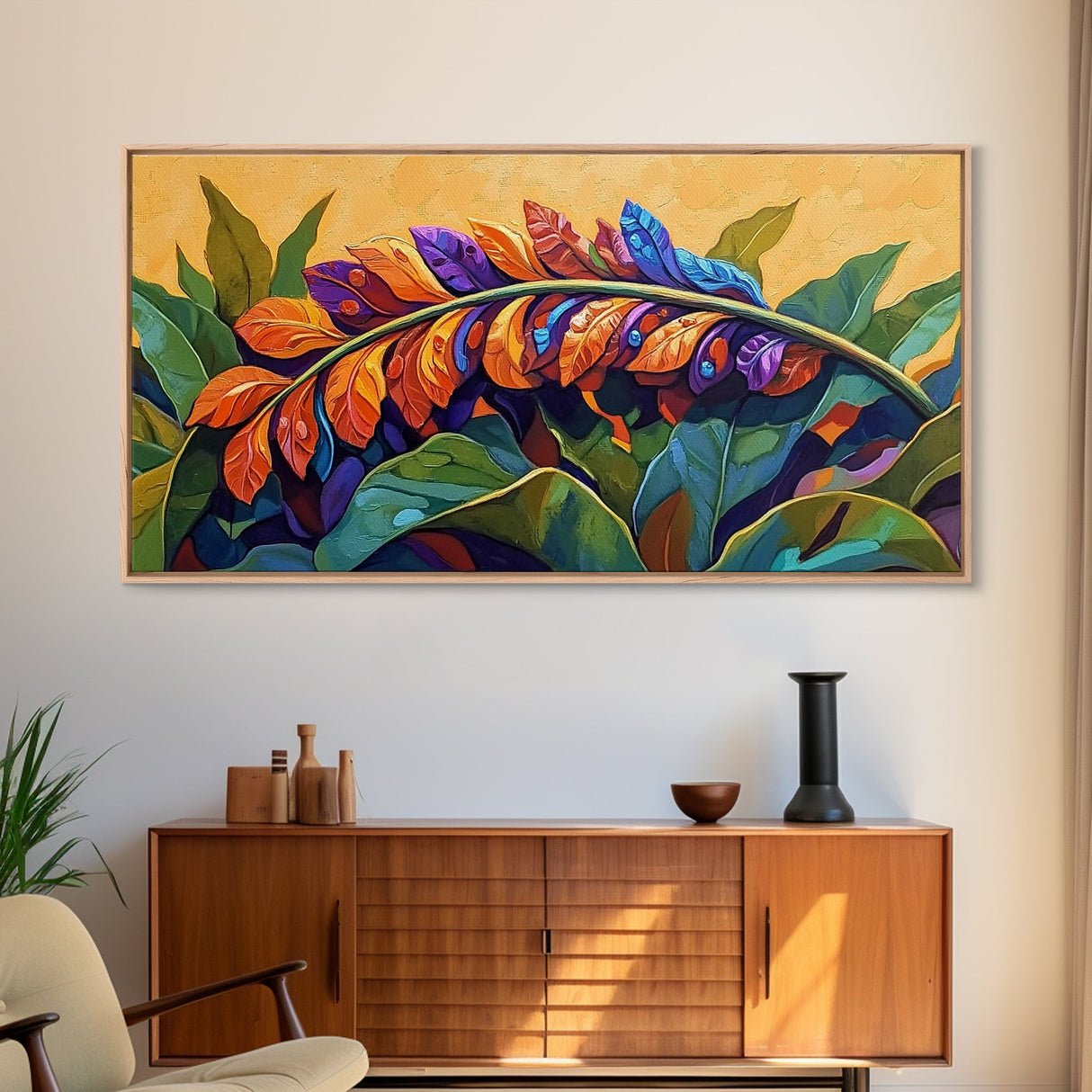 Tropical Leaves, Bright, Fall, Framed Canvas Print, botanical fall wall art, colorful boho tropical leaves painting, kitchen home decor