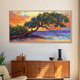 Tropical Tree, Beach, Sunset, Framed Canvas Print nature lover wall decor, boho coastal print, vibrant living room art, island art