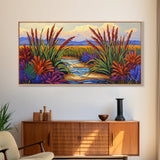 Marsh Grassland, Sunset, Scene, Framed Canvas Print rustic farmhouse art, colorful Fall wall decor, bedroom landscape canvas