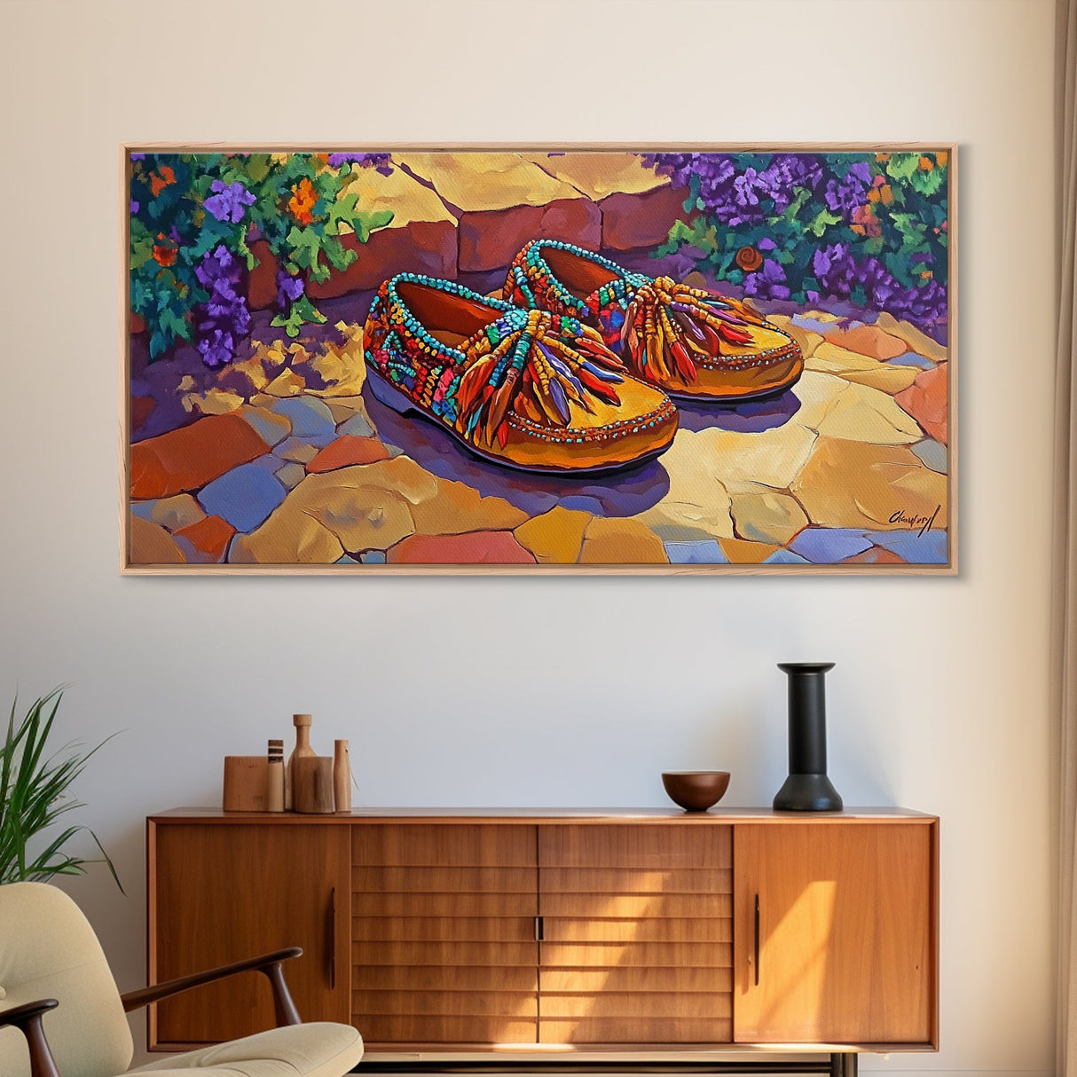 Colorful Moccasins, Boho, Style, Framed Canvas Print, vibrant moccasin shoes, Boho Decor, Bedroom Wall Art, Southwestern art