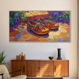 Colorful Moccasins, Boho, Style, Framed Canvas Print, vibrant moccasin shoes, Boho Decor, Bedroom Wall Art, Southwestern art