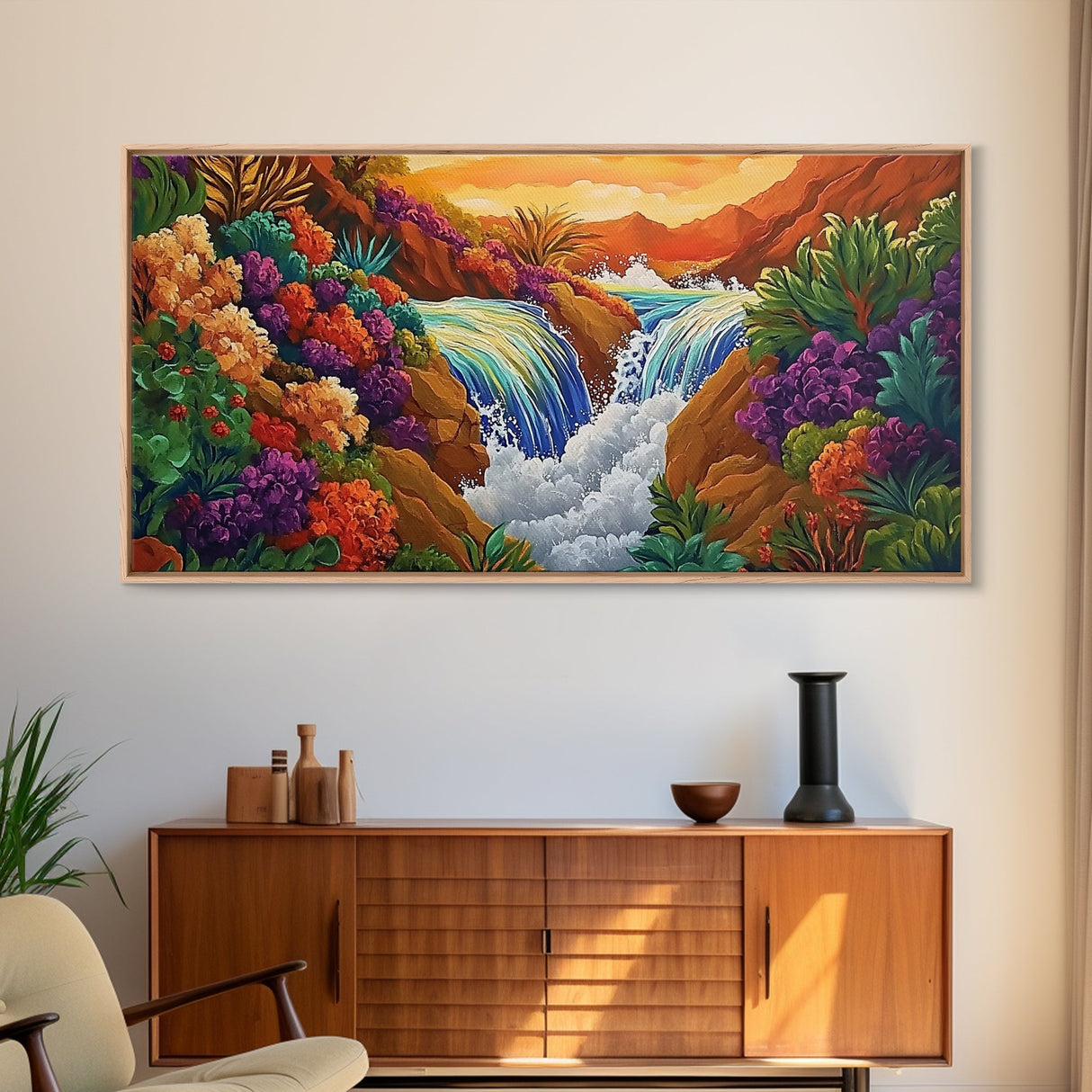 Sunset Waterfall, Vibrant Jungle, Tropical Landscape, Framed Canvas Print, Boho Wall Art, Bathroom or Bedroom Decor, Nature Painting