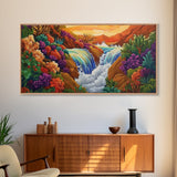 Sunset Waterfall, Vibrant Jungle, Tropical Landscape, Framed Canvas Print, Boho Wall Art, Bathroom or Bedroom Decor, Nature Painting