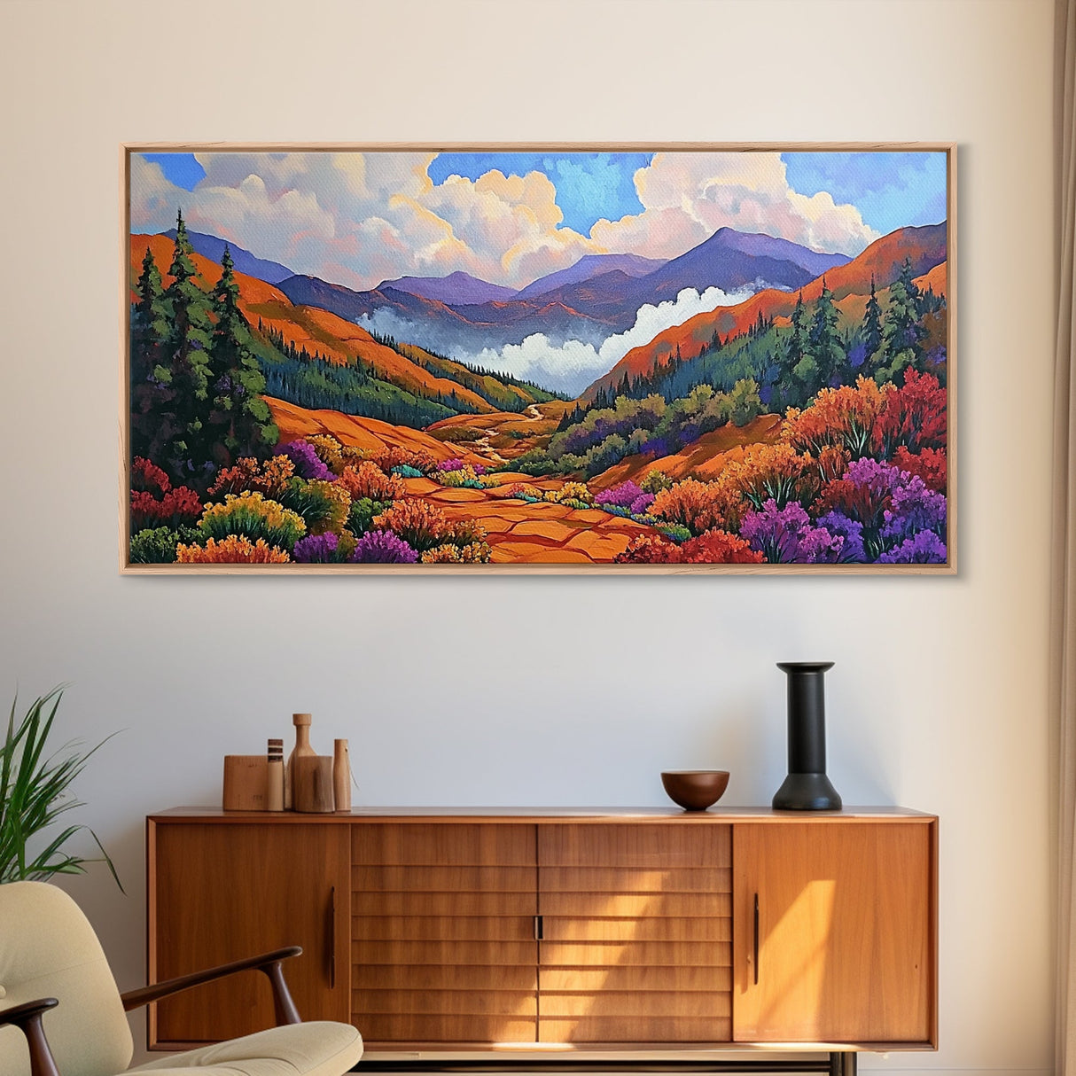 Mountain Valley, Wildflower Trail, Sunset Pathway, Canvas Print, Boho Wall Art, Bedroom or Hallway Decor, Vibrant Nature Painting