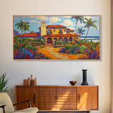 Tropical Villa, Palm Trees, Coastal, Framed Canvas Print, Spanish beach house art perfect Dining Room Wall Art or Vacation Home Decor